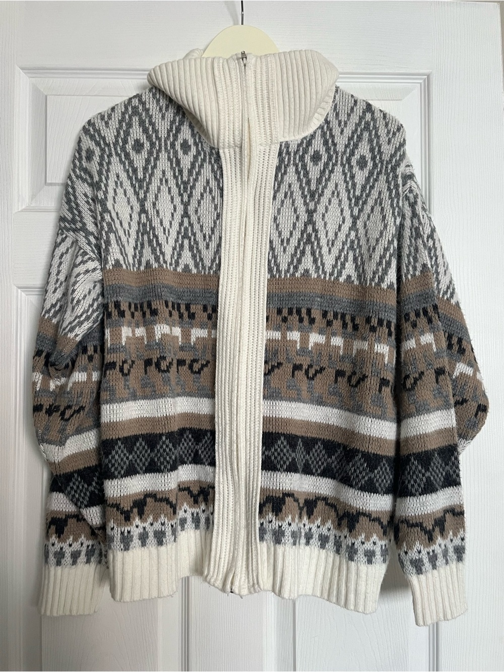 Men's Fair Isle Zip Cardigan in Cream, Gray & Brown